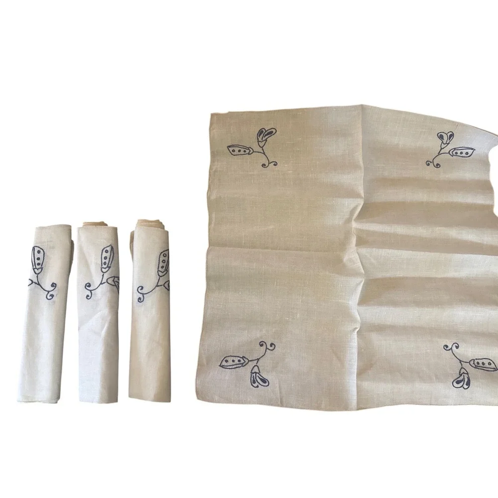 Vintage Hand Embroidered 100% Linen Napkins Off White Navy Blue Floral Set of 5